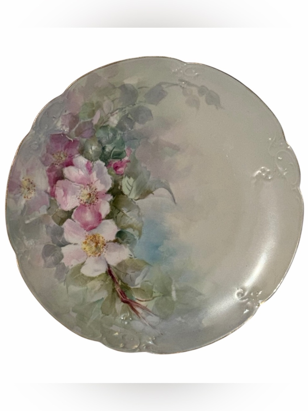 Antique MZ Austria Porcelain Plate Hand Painted Pink Wild Rose Scalloped Gold